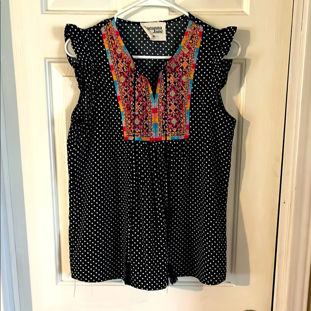 Savanna Jane Black Polka Dot Sleeveless Blouse with Colorful Embroidered Yoke